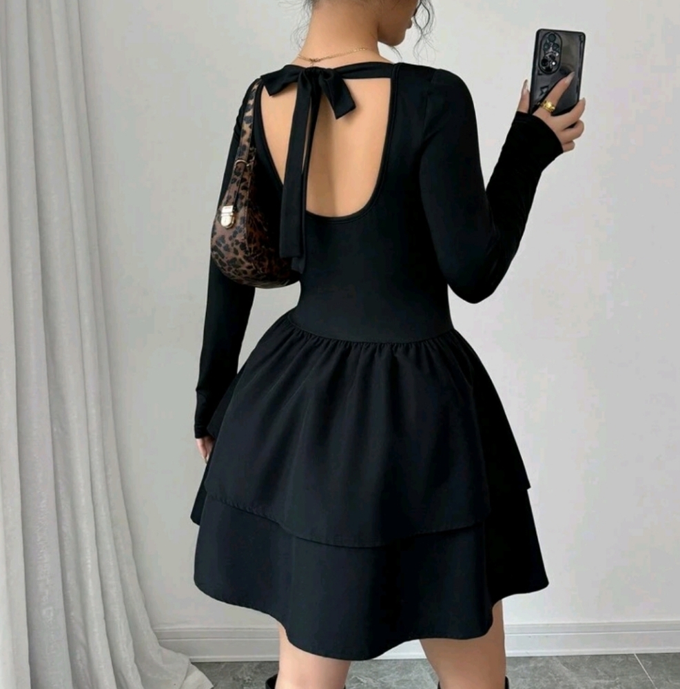 Women Casual Versatile Elastic Knit Backless Bow-Tie Blouse With Layered Skirt - Picture 2 of 3